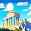 Placeholder: mount olympus from the greek mythology. view from below. temples high up on the mountain. Illustration. Cloudy. Sun behind the temple of Zeus.