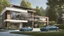 Placeholder: Architectural drawing of a luxurious modern country house, trees, people and cars, complementary colors