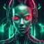 Placeholder: cyborg woman , picture in synth style with red neon eyes and bioluminescent green web