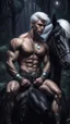 Placeholder: Hyper Realistic shirtless handsome muscular prince with short black hair sitting on a black horse with white hair in a dark jungle with big growling crystals at a dark night