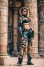 Placeholder: teen woman in retro-futurist cyberpunk costuming with pants leaning to the side with shoulder against a stone pillar of a Egyptian + cyberpunk post apocalyptic building, 2 swords in scabbards at hip