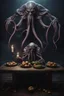 Placeholder: Undead mind flayer with three heads eating a corpse. full body shot. fantasy and horror setting, Cinematic lighting, Volumetric lighting, Epic composition, Photorealism, Very high detail, Character design, Unreal Engine, Octane render, HDR, Subsurface scattering, fantasy art,