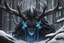 Placeholder: Venom Shadow symbiote in 8k realistic anime drawing style, Deer skull, non-eyes, blue neon crystal Antlers, dark fantasy snow forest, intricate details, highly detailed, high details, detailed portrait, masterpiece,ultra detailed, ultra quality