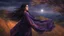 Placeholder: Hyper Realistic Close-up-view of a Beautiful Young Happy Pashto Girl with long-black-hair wearing purple-&-orange-embroidery-dress-with-black-shawl whirling with breeze, tall-grass along with a thick-tree on mountain top & cloudy-moonlight at night showing dramatic & cinematic ambiance