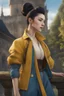 Placeholder: front view, beautiful female, asian, pale skin, dark hair, front mohawk, back high bun hairstyle, detailed dark eyes, yellow jacket, wearing backpack, baggy blue pants, fantasy setting, medieval, year 1800, 8k, high detail, intricate, cinematic background, facing viewer