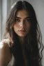 Placeholder: An incredibliy detailed medium shot macro shot of a 20 years old beautiful girl, long dark hair, an artistic portrait, detailed skin, detailed hair, facing to the camera, looking at the camera, dreamy mood, realistic, low aperture, bright image, Leica Q3, corner in the white room, white background, sunlight from the window, shadow of the window frame, golden hour