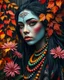 Placeholder: Vibrant autumn foliage in a rain-kissed setting, Ikebana arrangement, Haiku poetry inspiration, Japanese garden elements, autumn asters, Utagawa Hiroshige essence, Isaac Levitan influence, woman with dark skin, tribal markings, mysterious expression, piercing eyes, flowing black hair, colorful beads, layered textiles, bright hues, ornate jewelry, cultural richness, dark, blurred backdrop, GoBi, Наталья И-ва.Mystical character with pale blue scaly skin, icy green eyes, dark eyeliner, cascading da