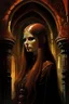 Placeholder: A dark fantasy painting of a noblewoman with sharp features and long auburn hair tied in ringlets, inside a metal palace 10,000 years in the future,dark fantasy art or sci-fi, 1970s dark fantasy book cover art 70s dark fantasy art, bold colours