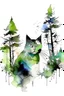 Placeholder: Watercolour effect, cat, forest abstract,roschCh ink blot test, white background, muted colour's.no black outline, no black colour only white more watercolour blobs, no black outline, other colours