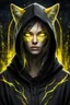 Placeholder: woman with glowing yellow cat eyes, wearing dark hoodie, very detailed, sharp focus, random background, fantasy, stunning