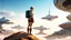 Placeholder: A photorealistic image of a slender 60-year-old woman, in brown shorts, a shirt and boots, with a backpack, standing on a hill looking down on a futuristic derelict sci-fi spaceport with spaceships and alien buildings.