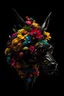 Placeholder: a bunch of different colored flowers on a black background building the face of a giant alien insect-dog chimera, dynamic maximum tension