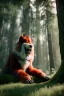 Placeholder: Realistic forest scene. big furry monster sitting next to tree. Wes Anderson style. Red hair, smile, happy, gradient color fog. highly detailed, concept art, unreal engine 5, ray tracing, RTX, lumen lighting, ultra detail, volumetric lighting, 3d, finely drawn, high definition, high resolution.