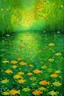 Placeholder: Spectral world. It's raining on a still pond in a gorgeous early spring setting. Raindrops hitting water. Each raindrop makes a tiny ripple as it hits the water. Many tiny ripples from each raindrop as it hits the water, all over the pond. Wonderfully delicate, calm and refreshing. Yellow greens of early spring. Metallic gold. Goldfish is jumping out of the water, waterlillys is glowing in purple colors.