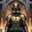 Placeholder: star wars bald male corellian pilot wearing pearlescent black and gunmetal grey First Order special forces heavy assault stealth commando armor and helmet with gold trim inside the jedi temple, hyperdetailed, dynamic lighting, hyperdetailed background, 8k resolution, volumetric lighting, light skin, fully symmetric details