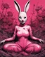 Placeholder: Asian woman, lying pose, rabbit mask, pink short hair, latex suit, highly detailed, fullbody, splashes blood, behind guts rising from the ground, papercut illustration by <John Kenn Mortensen>, darkred tones,