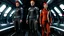 Placeholder: Photorealistic picture of a man in a flight suit with two tall, slender female androids in biosuits, one with red hair and one with white hair, standing on the bridge of a star trek style spaceship.