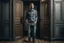 Placeholder: man in jeans and a shirt standing in a room of doors