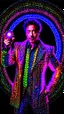 Placeholder: A full body pic of Robert Downey Jr. as Sherlock Holmes, wearing a dazzling, glittery disco outfit, illuminated by a kaleidoscope of neon lights, surrounded by small disco spheres, holding a mirror-decorated pipe in his hand