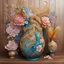 Placeholder: big chinese mingvase, bouguet of flowers and swanfeathers , placed on a chinese wooden table with dragon carvings, Style alcohol ink. various color definitions, flowy swirls, golden lines, 3D, alcohol ink effects, sprinkle glitter, pearls, beads.