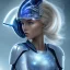 Placeholder: A beautiful portrait of a young galactic woman blonde hair with a little clear helmet in a galactic suit in cosmos blue