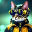 Placeholder: cat toddler, steampunk headphone, sunglass, gangsta neckless, full body, yellow puffer jacket, tokio background, dramatic lighting, hyper realistic, unreal engine 5, 16k