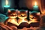 Placeholder: phosphorescent glowing cute soft chibi kittens in a bedroom, reading a book by candlelight on the bed