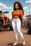 Placeholder: Create a digital airbrush cartoon of a curvy African American female wearing tight white jeans and a off the shoulder orange blouse. She is also wearing timberland boots. Prominent make up with hazel eyes. Highly detailed very long extremely dread locs black hair. Her skin is smooth and silky. Background of a track of ATV riders.