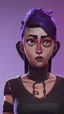 Placeholder: arcane tv show style, league of legends, solo, 1girl, attractive teenager, african, dark skin, dark-brown eyes, black hair, pair buns, (violet strand in forehead bang), necklace, earrings, modern makeup, (detailed skin texture), old leather jacket with violet fur collar, oversized torn t-shirt with half-erased unknown music group logo, You can see through the holes in the t-shirt her acid-green top, dark background, bokeh, cinematic atmosphere