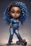 Placeholder: create an airbrush illustration of a chibi cartoon voluptuous black female wearing a blue jean outfit with biker boots. Prominent make up with hazel eyes. Extremely highly detail of a short and shiny twisted dreadlocks. Background of a bike show.