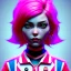 Placeholder: waitress punk woman, rounded face, pink short hair, color cheeks, striped shirt, vibrant color, highly detailed, art stations, concept art, smooth, unreal engine 5, god rays, ray tracing, RTX, lumen lighting, ultra detail, volumetric lighting, 3d, finely drawn, high definition, high resolution.