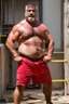 Placeholder: full figure shot photography of a wet sweat chubby and very virile 51-year-old burly turkish construction worker, long beard, in tank top, bulge, works hard very sweaty on a construction site in the sun repairing a floor, underlines the shine of the sweat in the sun's rays and the fatigue of the muscles, manly chest, , big legs, big belly , side view, photorealistic , side light