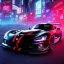 Placeholder: realistic black dodge viper; in an alternate universe in tokyo; cyberpunk; rain; neon signs