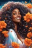 Placeholder: vibrant psychedelic analytic image, airbrush, 8k, cartoon art image of a black curvy female looking to the side smiling with a large mane of curly ombre hair flowing through the wind, prominent makeup with hazel eyes, highly detailed hair, background orange and white flowers surrounding her, dystopian