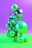 Placeholder: Vibrant abstract 3D sculptures in violet and green pastel color with flower and metalic balls with shadow and green background
