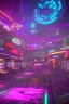 Placeholder: A dark photo of a full panoramic view an 80's aesthetics arcade at night, with a lot of functioning arcade machines, a vaporwave floor and some colorful tiles in between the floor. Purple aesthetics. Full panoramic view