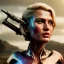 Placeholder: Ultra Realistic retro sci-fi movie war scene, waist up view portrait, blonde woman pointing a gun, sweet young Daryl Hannah face, perfect iris, glow eyes, makeup, weapon. War background, Retro sci-fi style, tight latex coat, fog, rain, soft color, highly detailed, unreal engine 5, ray tracing, RTX, lumen lighting, ultra detail, volumetric lighting, 3d, finely drawn, high definition, high resolution.