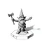 Placeholder: bronse low poly, "asterix gnome", goblin troll miniature model half painted arms outstretched holding battle hammer offering gift, standing on black and white pencil drawn hexagon grid, dwarf is whacking finger on hands and shadows of artist