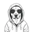 Placeholder: line art drawing of a dog wearing a hoodie with sun glasses. The hoodie has the outline shape of a dog. black and white, no background