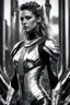 Placeholder: Generate an 8k image of a futuristic Hollywood superstar with android features, inspired by Luis Royo's art, wearing a metallic exosuit.In black and white,