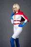 Placeholder: platinum blonde headed woman, crew cut style, wearing an extremely, extra short, skintight, formfitting long-sleeved, white bodysuit with a high collar and a plunging neckline, blue elbow-length gloves, a red belt with a gold belt buckle, a red collerless cape, knee-high blue boots