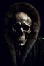 Placeholder: A portrait in the form of a skull wearing a traditional Russian kokshnik. the skeleton itself is dressed in a fur coat, part of which is visible in the portrait. dark and scary tones. ultrarealism, hd