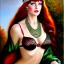 Placeholder: oil Portrait on canvas of busty beautiful young Red Sonja with big crystal clear green eyes looking to viewer, with ruby necklace by Adam hughes 16k