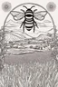 Placeholder: Mandala showcasing a lavender field amidst bee elements, sketched in black and white with clear, thick strokes, ideal for an adult coloring book, contour, vector, polished line art, set on a white scene