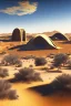 Placeholder: alien buildings, in the desert, surrounded by acacia trees, dunes, pathways, lake, roads, mountains, blue sky