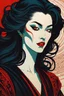 Placeholder: museum quality color woodblock print of an enigmatic Malkavian female vampire with highly detailed hair and facial features , in the style of Bertha Lum, and Prosper-Alphonse Isaac, with a fine art , graphic novel aesthetic, highly detailed, finely cut ,8k render,