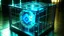 Placeholder: Cube tesseract from movie Loki. Tesseract should not be cropped. Located strictly in the middle of picture with space around it and with navy blue/green glow inside tesseract. Without surface/table on which it stay.