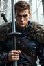 Placeholder: fantasy, super realistic, warrior, handsome, a line scar through his right eye, dark blue eyes, tall, fur, young man, leather, show whole body, holding a sword, background is a snowy forest