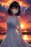 Placeholder: anime girl, black hair, brown eyes, light brown skin, white dress, sunset outdoors