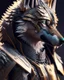 Placeholder: Full body 3D Portrait of a anthropomorpher Wolf in natural colours wearing futuristic face armor in realistic fantasy